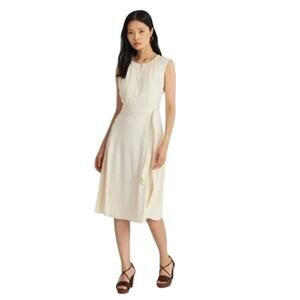Lauren Ralph Lauren‎ Belted Crepe Cap Sleeve Button Up Cream Midi Dress Sz 14